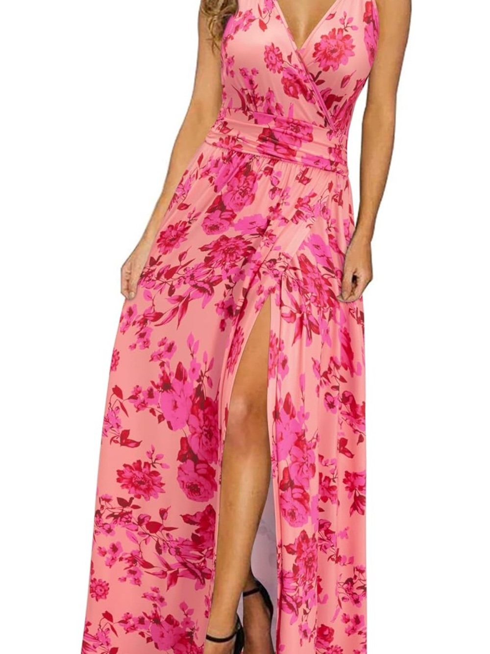 Floral Pink Wrap Maxi Dress with High Slit- SMALL NEW WITH TAGS